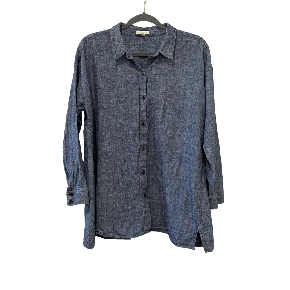 Eileen Fisher Button Down Tunic Womens Medium Blue Chambray Hemp Organic Cotton